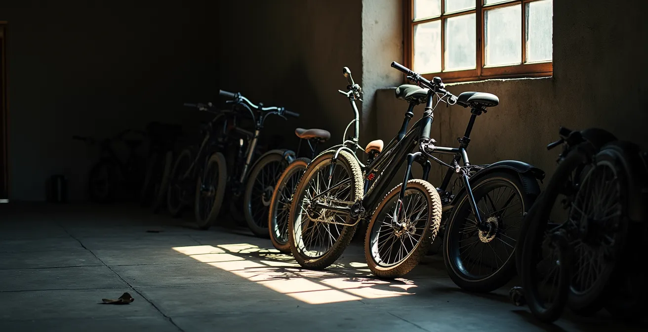 Workshop corner showing various incompatible e-bike parts and components