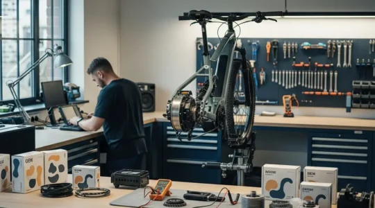 E-bike technician examining aftermarket parts alongside OEM components in professional workshop setting