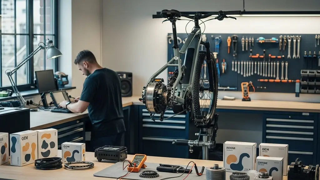 E-bike technician examining aftermarket parts alongside OEM components in professional workshop setting
