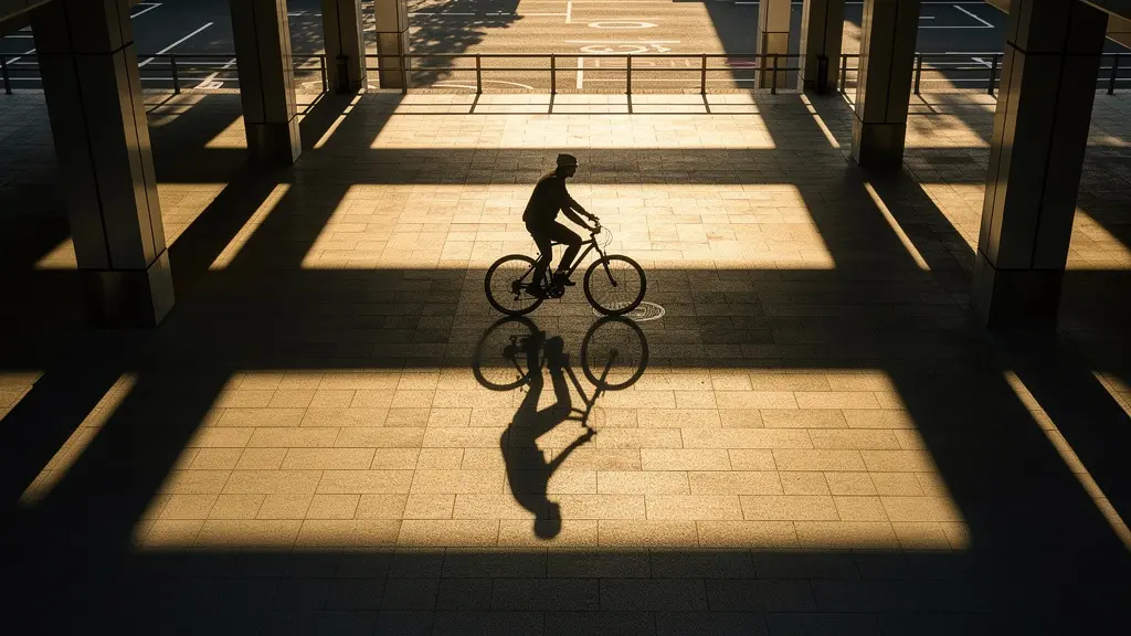 Abstract representation of cyclist privacy with shadow and light interplay