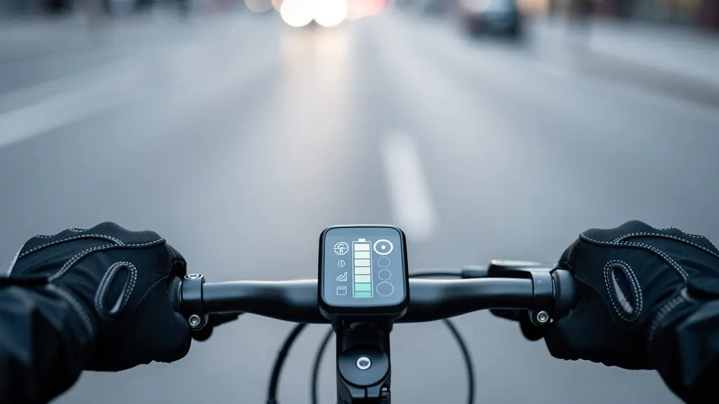 Cyclist's view of e-bike display showing battery levels and assist modes