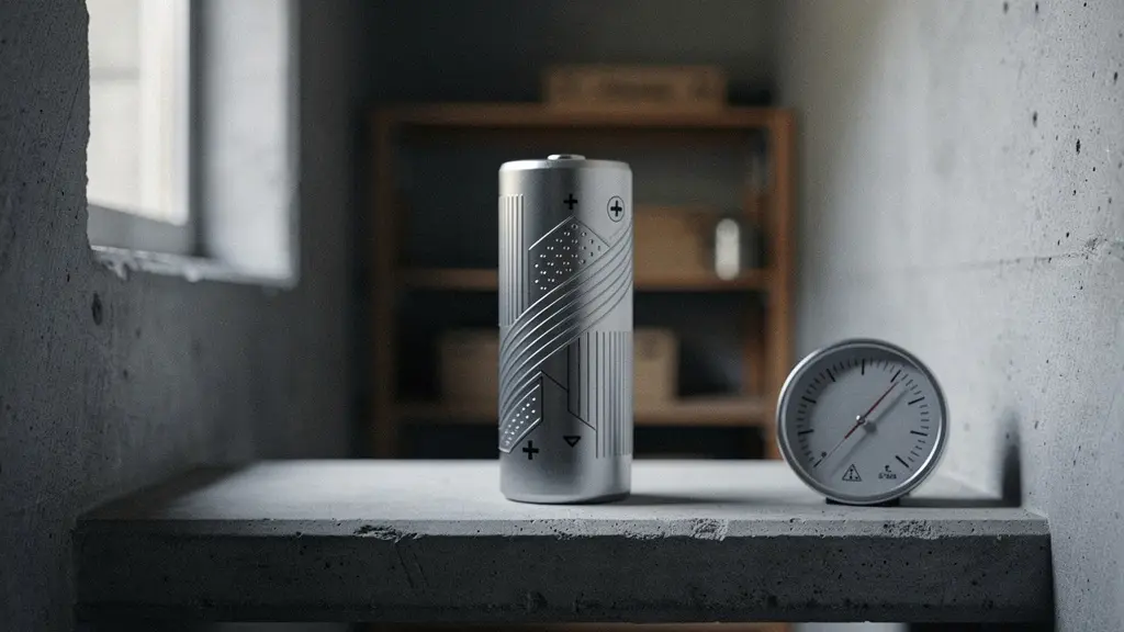 A single lithium battery cell resting on a cool concrete surface in a dimly lit basement environment, bathed in soft ambient light suggesting calm and stability.