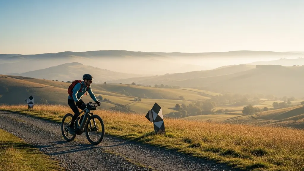 Beginner cyclist on e-bike during extended trail ride with natural scenery