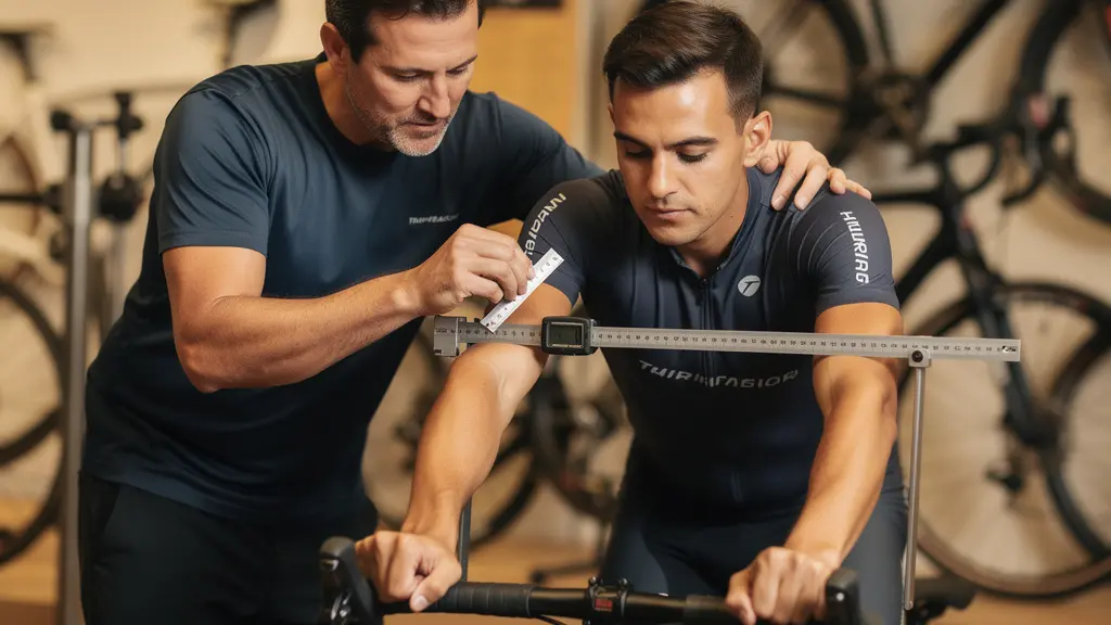 Professional bike fitting session showing precise measurements for integrated handlebar setup