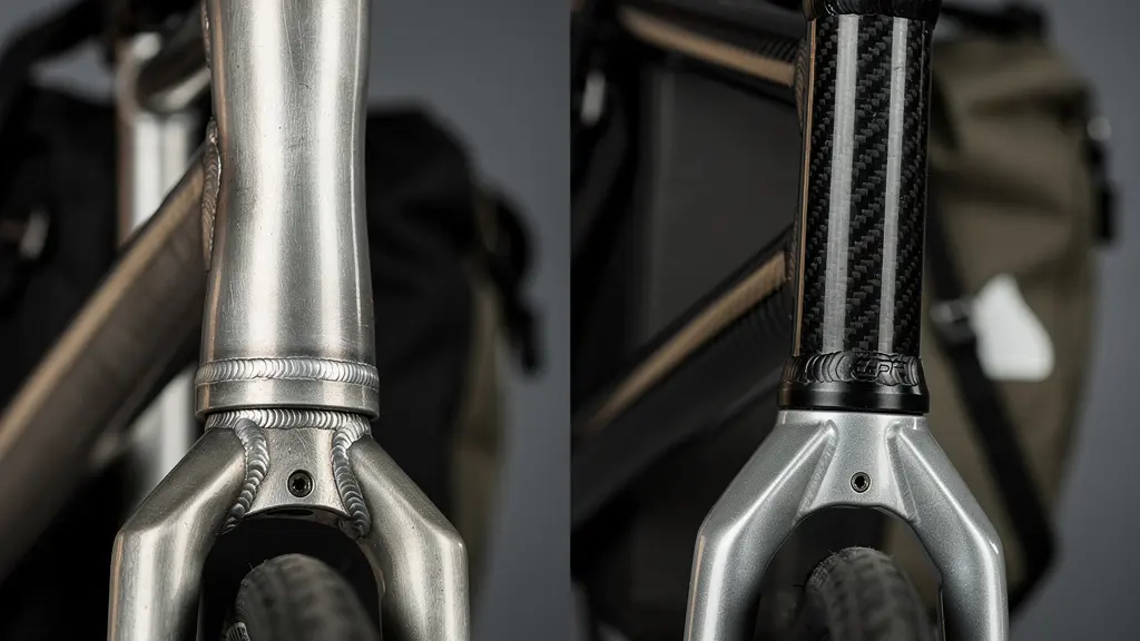 Close-up comparison of step-through and high-step bike frames under cargo load, showing structural differences