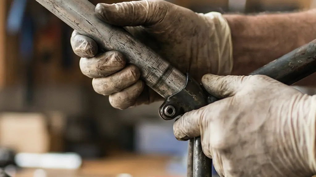 Mechanic removing and greasing bicycle seatpost in bright workshop
