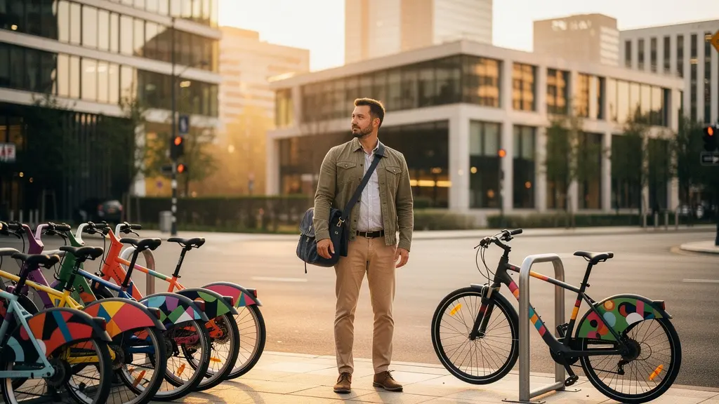 Urban cyclist contemplating between a personal bike and shared rental bikes at a city intersection