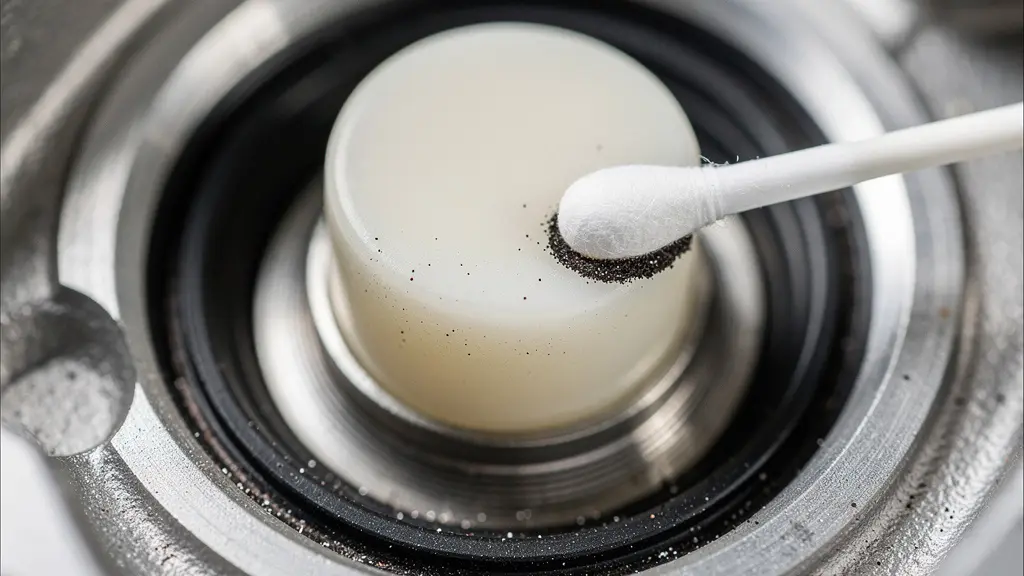 Extreme macro close-up of a hydraulic brake caliper piston being cleaned with a cotton swab, showing dust and grime on the seal edge