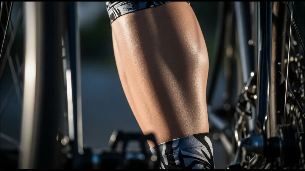 Close-up view of cyclist's calf muscles during pedaling motion