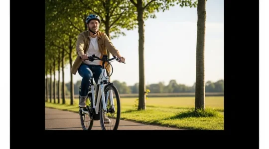 A calm adult riding an e-bike on a gentle path at sunrise, with wide open sky for negative space.