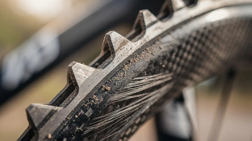 Extreme macro close-up of a carbon fiber belt engaging with metal sprocket teeth showing texture and tension