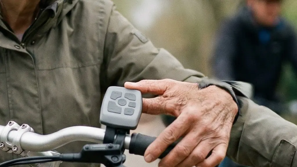 An older adult calmly adjusting a generic e-bike assist control while riding on a quiet path.
