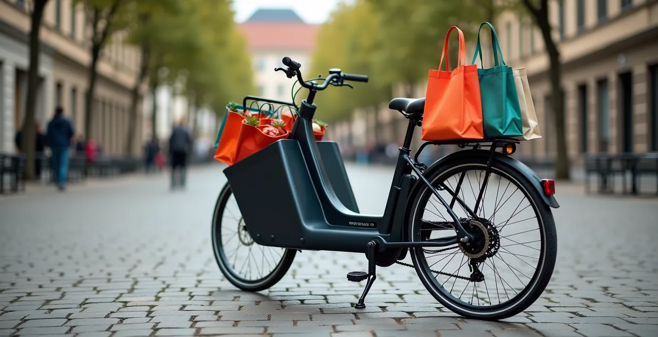 Wide angle view of a cargo bike parked on uneven pavement showing the four-point kickstand system