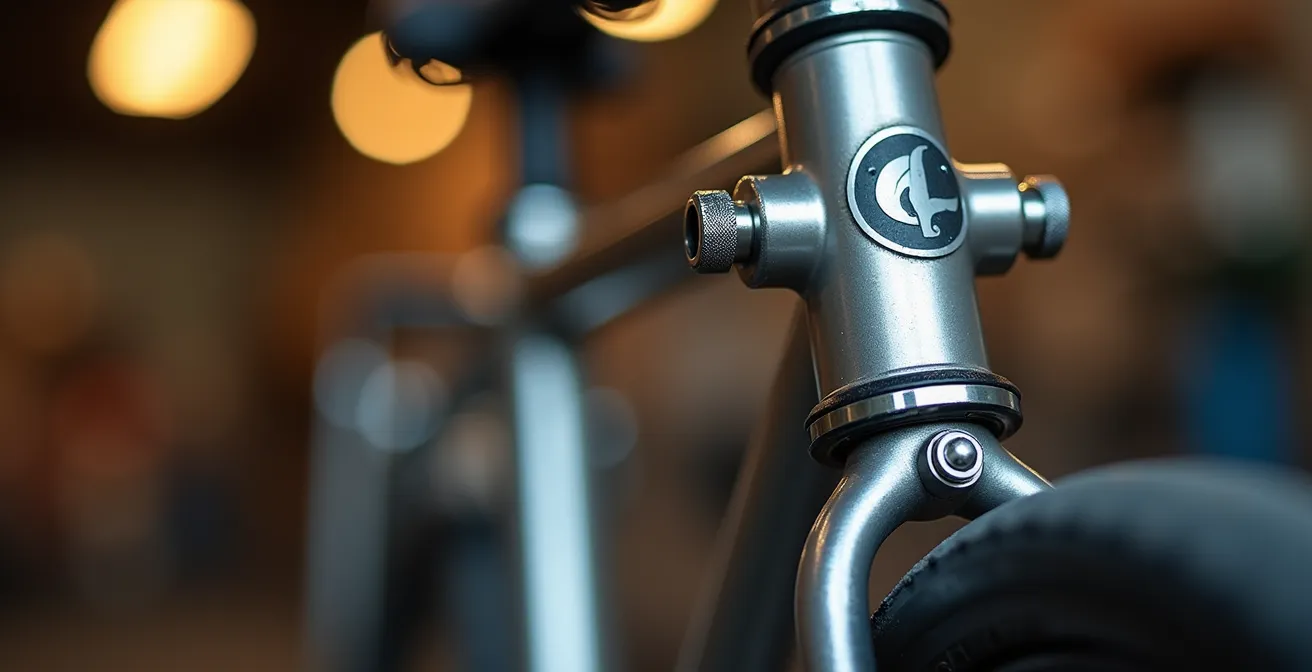 Extreme close-up of a cargo bike's linkage steering rod connection showing metal components and pivot points