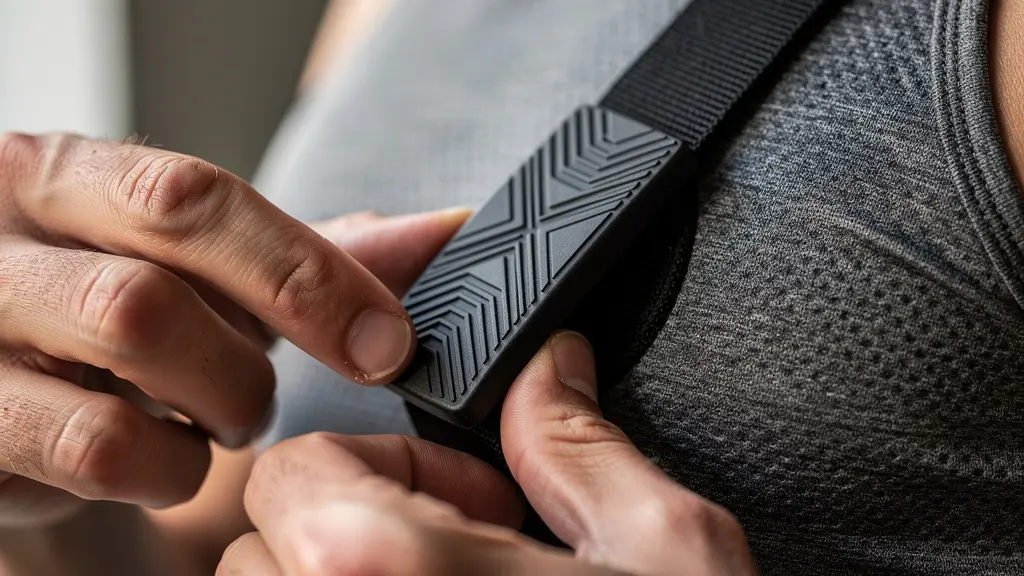Close-up of cyclist adjusting heart rate monitor chest strap before e-bike ride