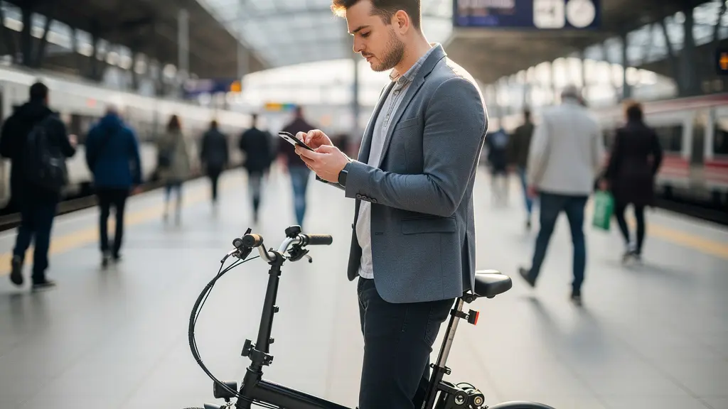Professional using smartphone for station navigation while standing with folded e-bike