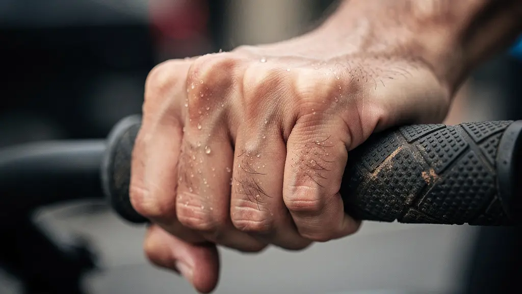 Macro close-up of a cyclist’s tense hand gripping a handlebar, showing stress through skin texture and sweat without any visible branding.