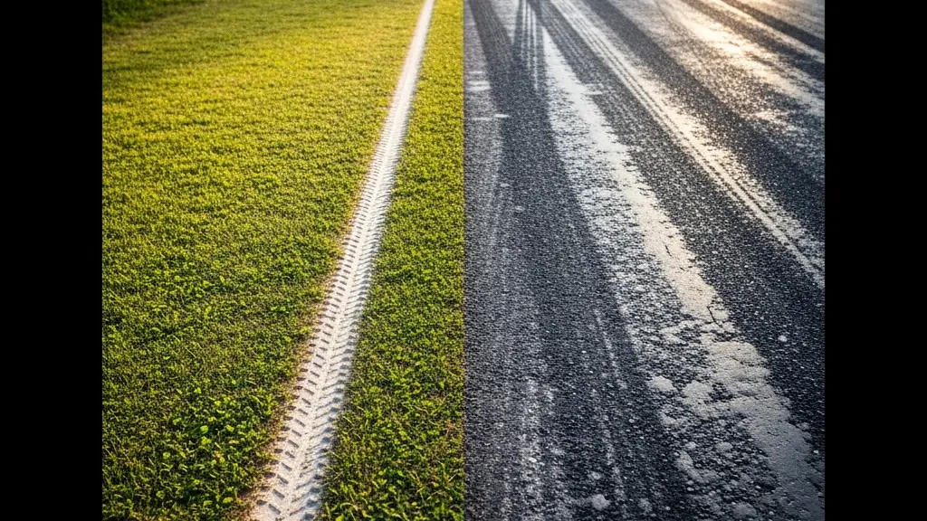 A symbolic landscape split down the middle: one side shows a clean, green path with a bicycle track, the other a grey, cracked road with tire marks, representing the environmental contrast.
