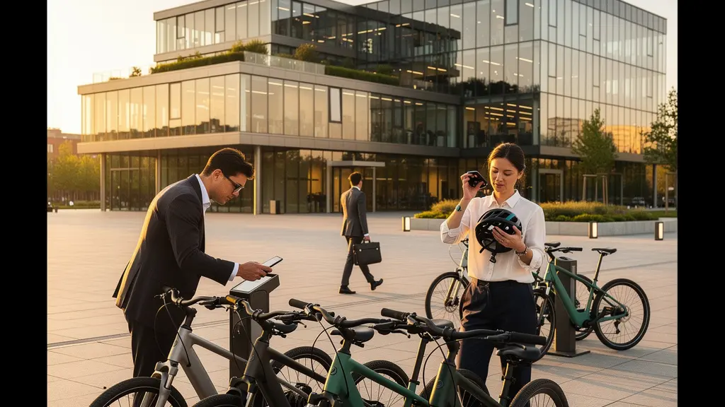 A modern corporate office campus scene featuring a fleet of sleek, branded electric bikes parked in an orderly row, with employees in business casual attire unlocking them.