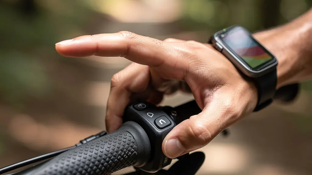 Close-up of cyclist's hand adjusting e-bike control while fitness tracker shows heart rate zones
