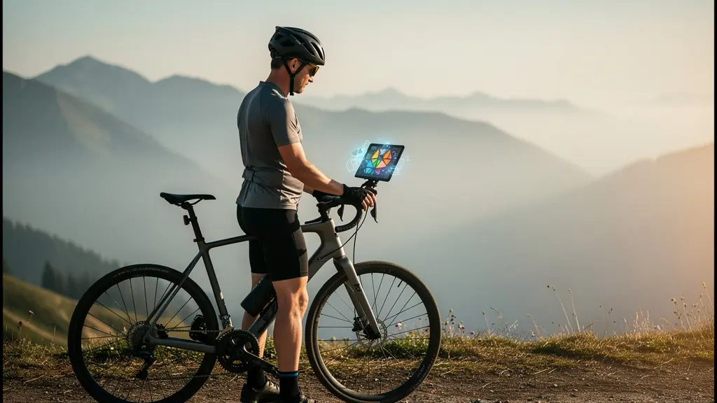 Cyclist reviewing real-time fitness metrics on e-bike display while riding on scenic trail