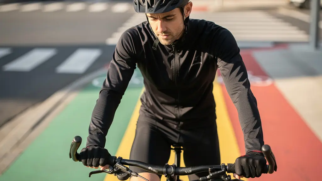 Cyclist studying route options with visual data overlay metaphor showing safe path indicators