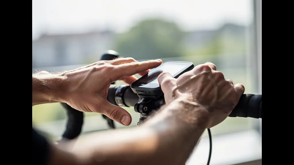 Cyclist adjusting bike computer showing power metrics