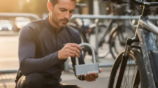 Cyclist examining a heavy-duty angle grinder resistant lock in an urban environment