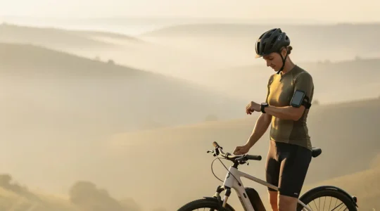 Cyclist checking smartwatch metrics during an e-bike recovery ride in natural environment
