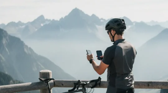 Cyclist on mountain road comparing navigation devices in dramatic landscape