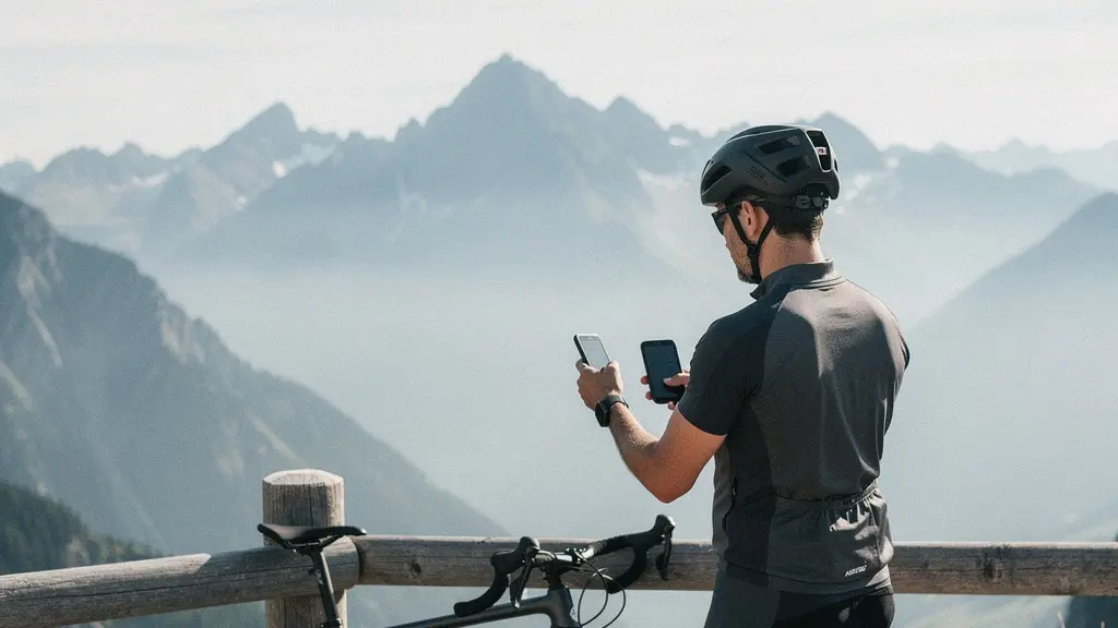 Cyclist on mountain road comparing navigation devices in dramatic landscape