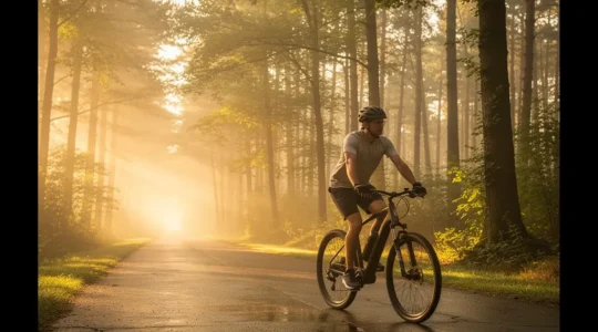 E-bike rider performing active recovery spin in natural outdoor setting