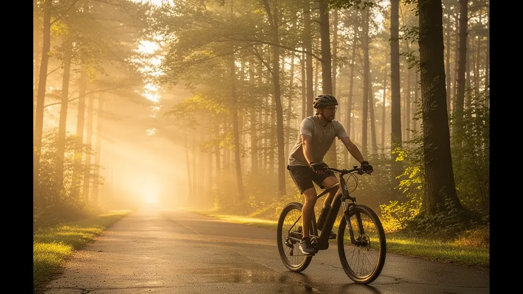E-bike rider performing active recovery spin in natural outdoor setting