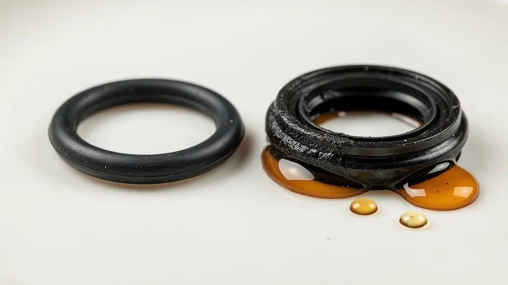 Extreme macro close-up of a swollen and degraded rubber hydraulic brake seal next to a healthy intact seal, showing the textural difference caused by incompatible brake fluid contamination.