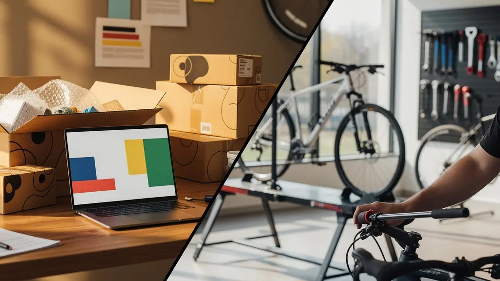 Split scene comparison showing online shopping versus local bike shop experience for electric bicycles