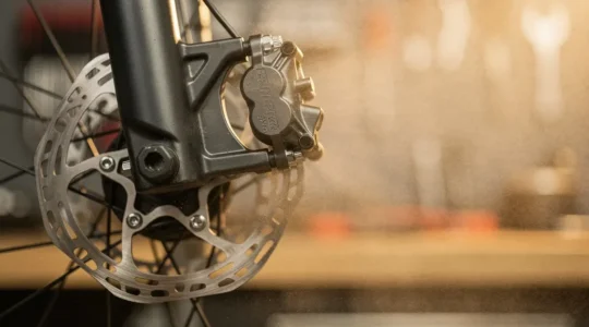 Close-up of a bicycle disc brake caliper precisely centered over a gleaming rotor in a workshop setting