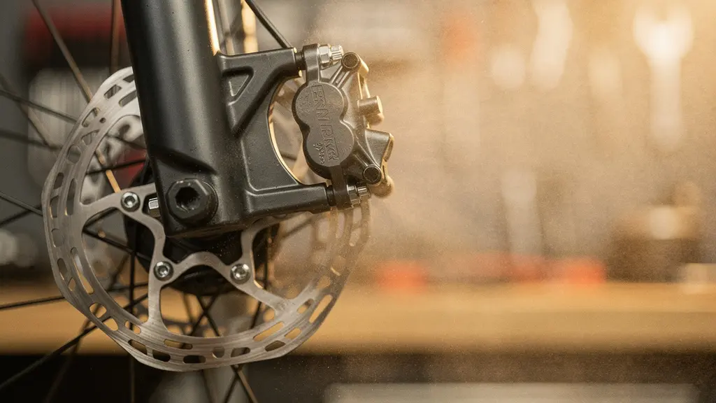 Close-up of a bicycle disc brake caliper precisely centered over a gleaming rotor in a workshop setting