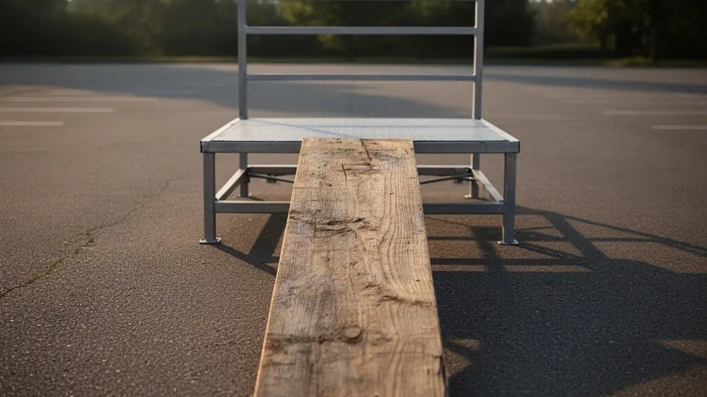 Simple wooden plank positioned as loading ramp for e-bike onto car rack