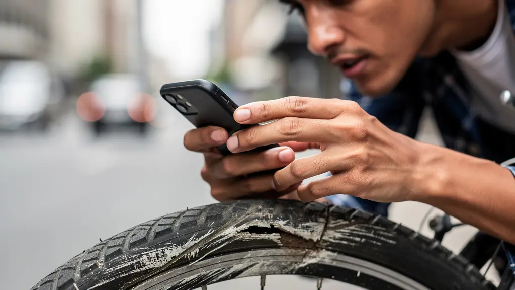 Person photographing a damaged rental bike with smartphone for evidence documentation