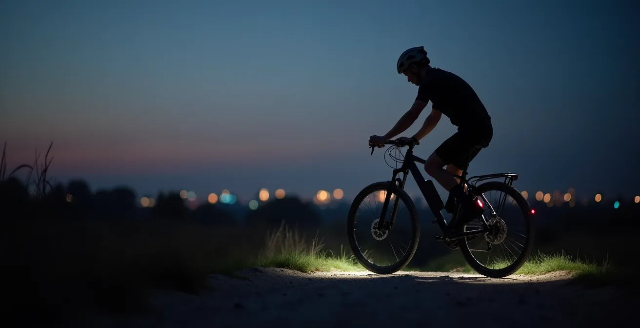 Side view of cyclist showing dual light positioning on gravel e-bike