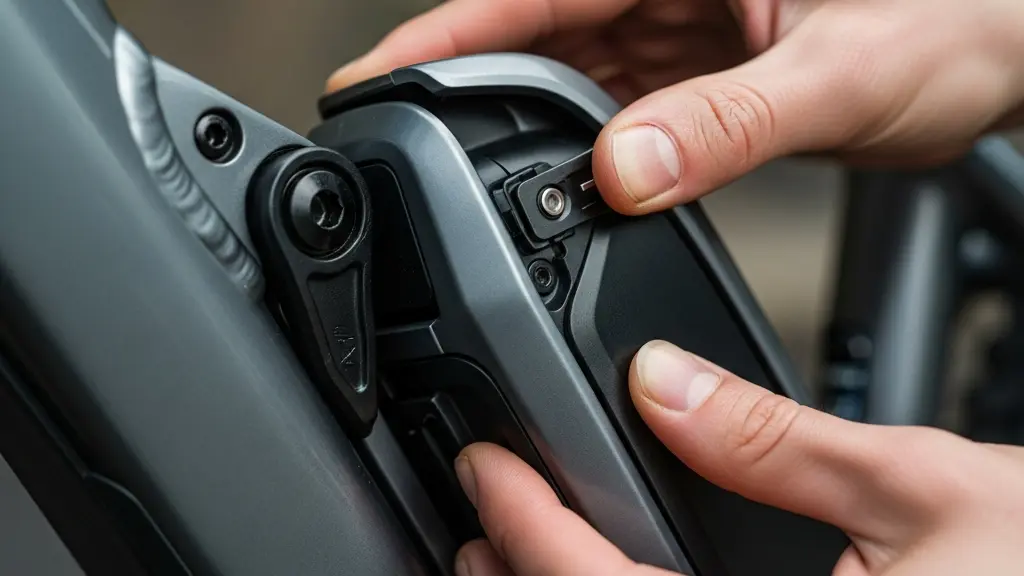 Close-up of hands removing an e-bike battery with security features visible