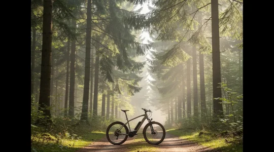 Electric bicycle in natural forest setting demonstrating environmental sustainability