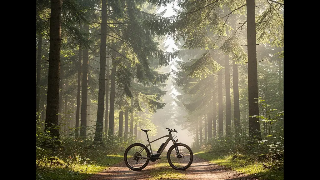 Electric bicycle in natural forest setting demonstrating environmental sustainability