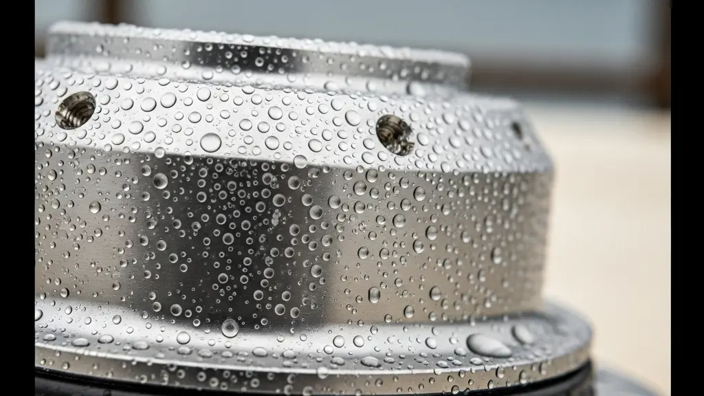 Close-up macro view of salt spray droplets forming on a brushed aluminum e-bike motor housing on a ferry deck, illustrating maritime corrosion risk.