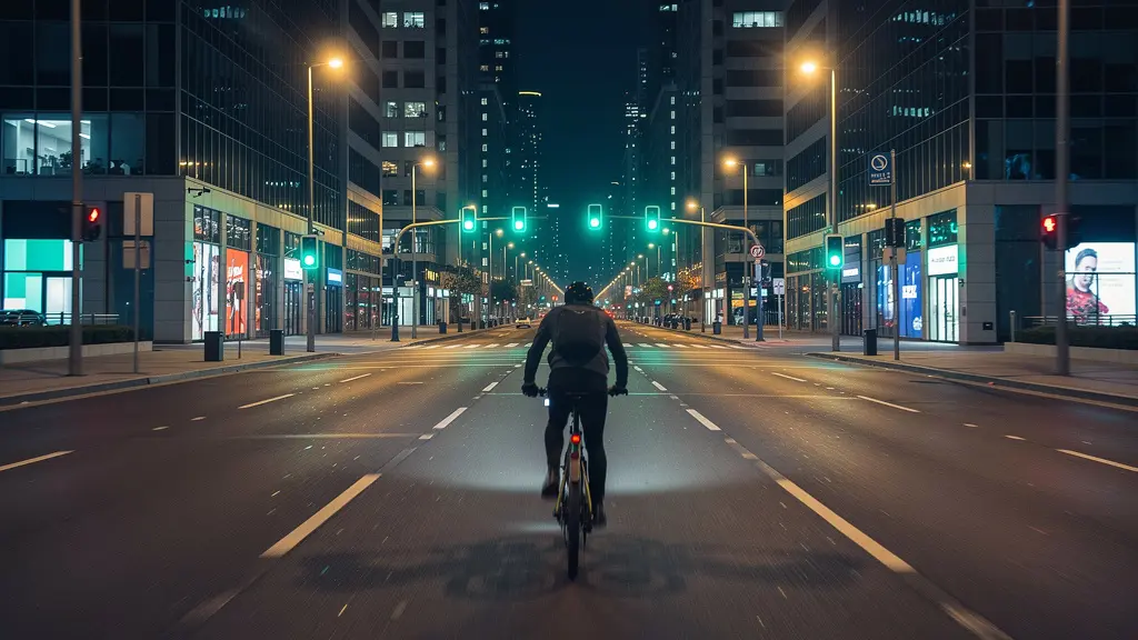 E-bike rider smoothly progressing through synchronized green traffic lights