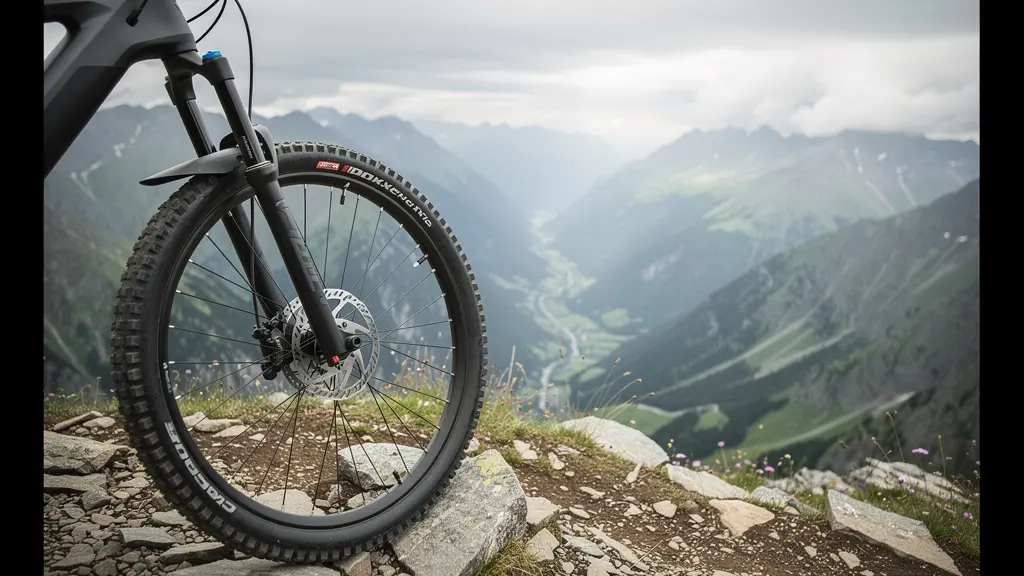 Wide environmental shot of an e-mountain bike's front wheel showing a large disc brake rotor, parked on a rugged mountain trail with a misty valley in the background.