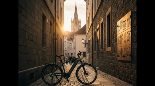 Electric bike parked on a cobblestone street in a historic city center during golden hour