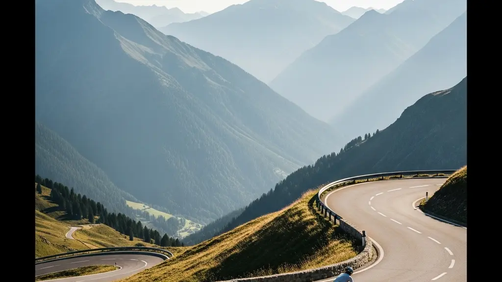 E-bike rider pedaling uphill on a winding mountain road bathed in golden morning light, illustrating the aerobic challenge of assisted cycling