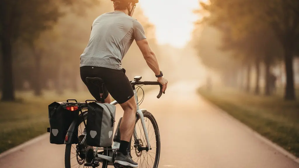 An e-bike rider pedaling smoothly along a flat cycling path at golden hour, captured in a warm human and emotional portrait style emphasizing the calm rhythm of efficient riding.