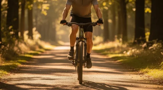 E-bike rider on scenic trail demonstrating leg muscle pump activation for circulation
